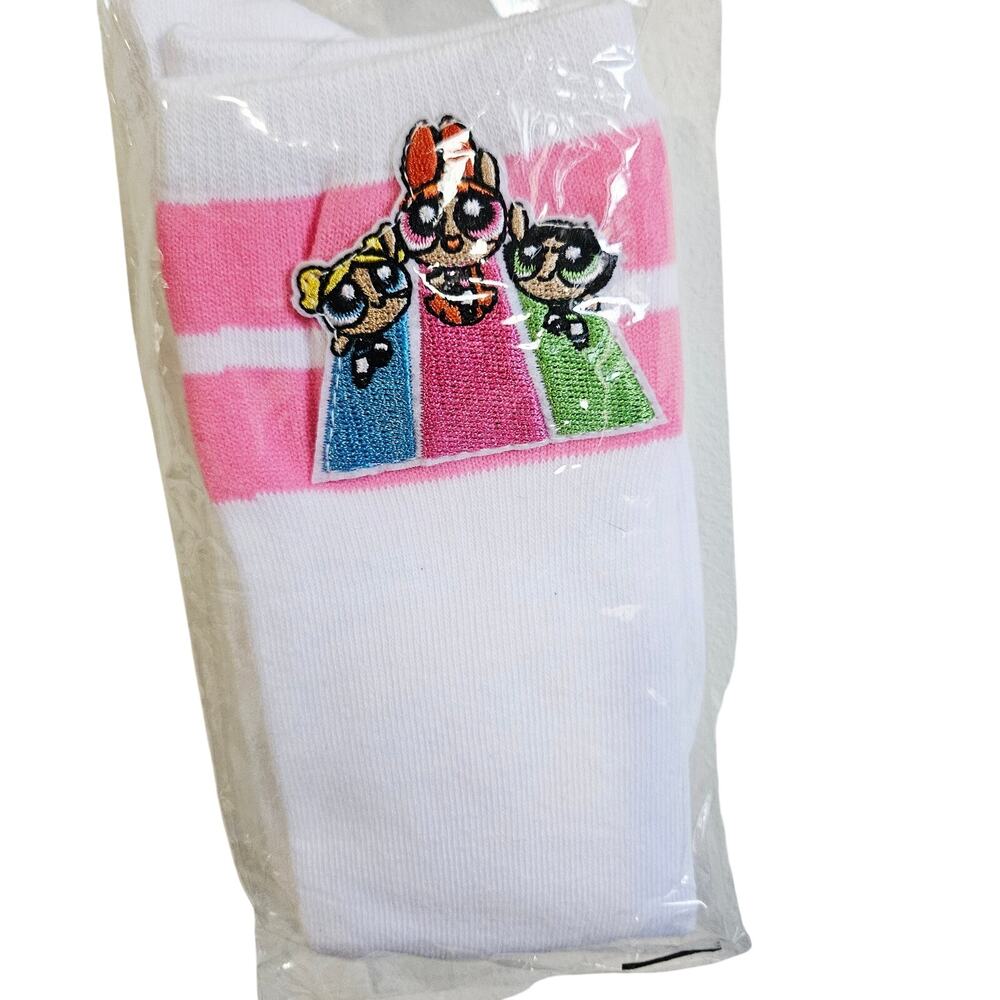 Power Puff Girls Socks One Size White Embroidery Patch Calf High Retro Y2K Style